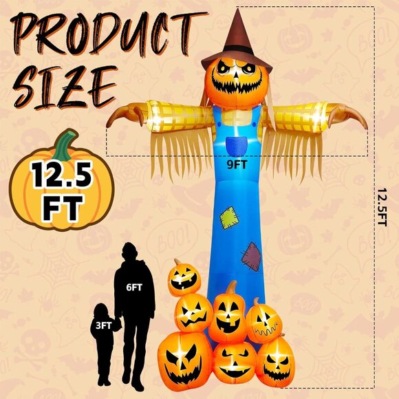 ⚡Halloween Inflatables with Music, Kalolary Giant Pumpkin Scarecrow Inflatable - Picture 2 of 7